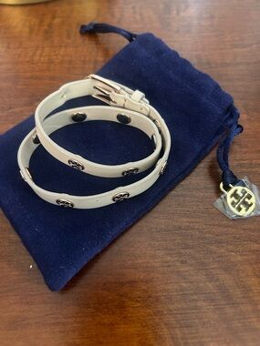 Tory Burch Cream Leather Double-Wrap Bracelet with Gold Logo Accents